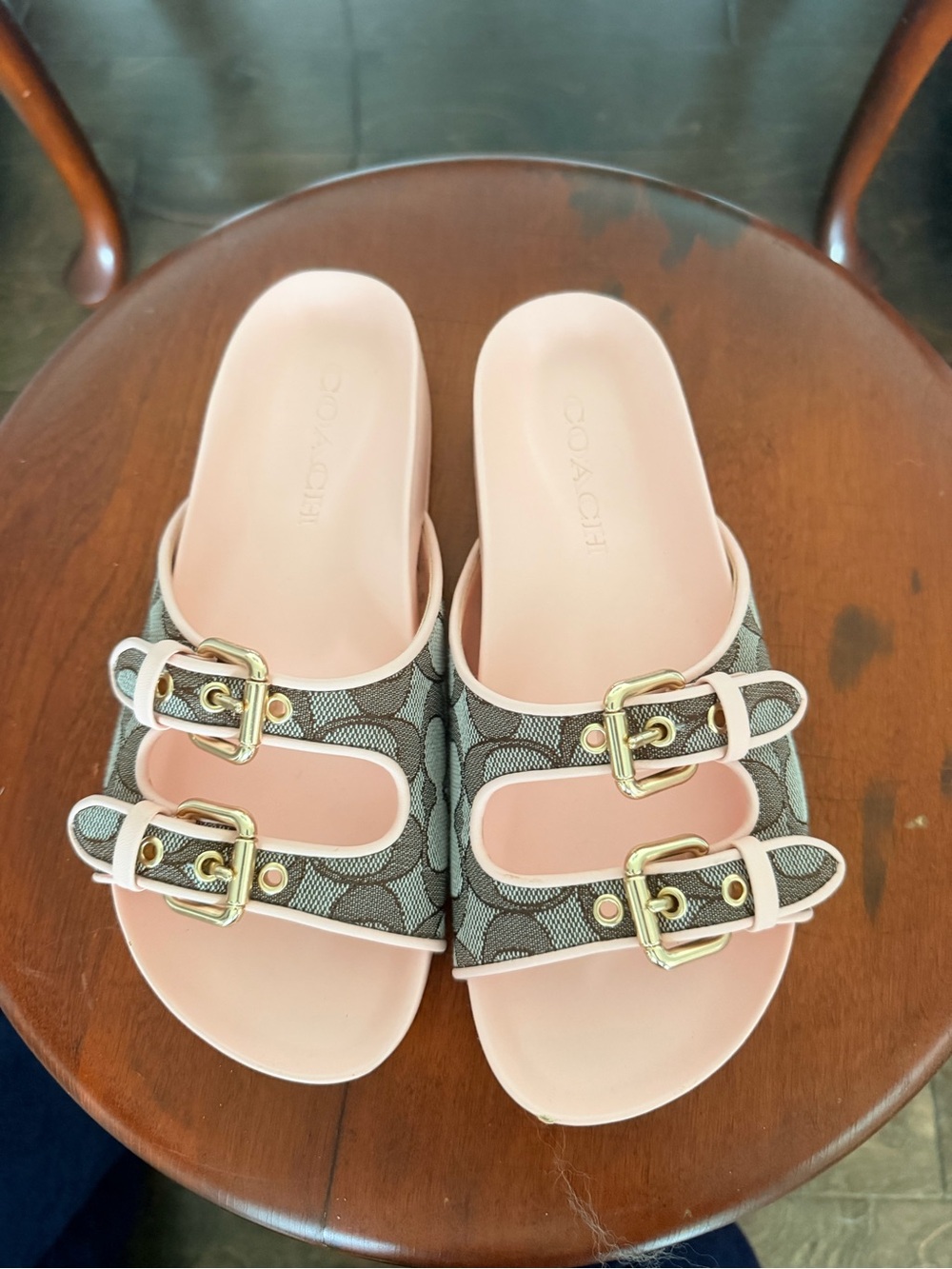 Coach Pink Logo-Print Double Buckle Slide Sandals